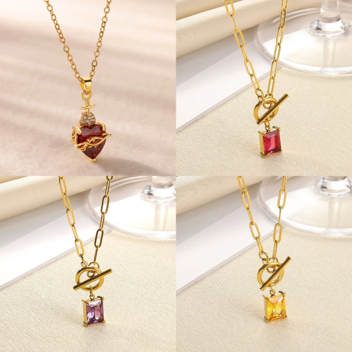 Exquisite Geburtsstein-Zirkonia-Anhänger-Halskette, goldfarben, Edelstahl, herzförmige Halskette, Modeschmuck, kostenloser Versand