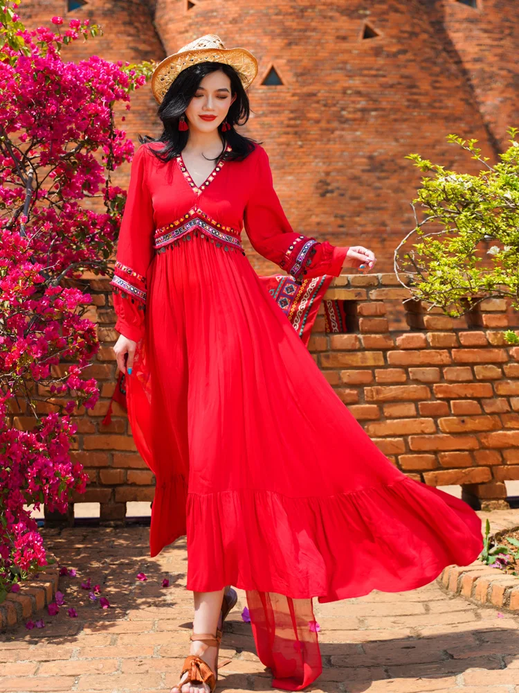 Ele Long Red Dr Skirt for Women Desert Ethnic Sle Photoaphy Tourist Wear V-Ne High Waist Polyester Fiber