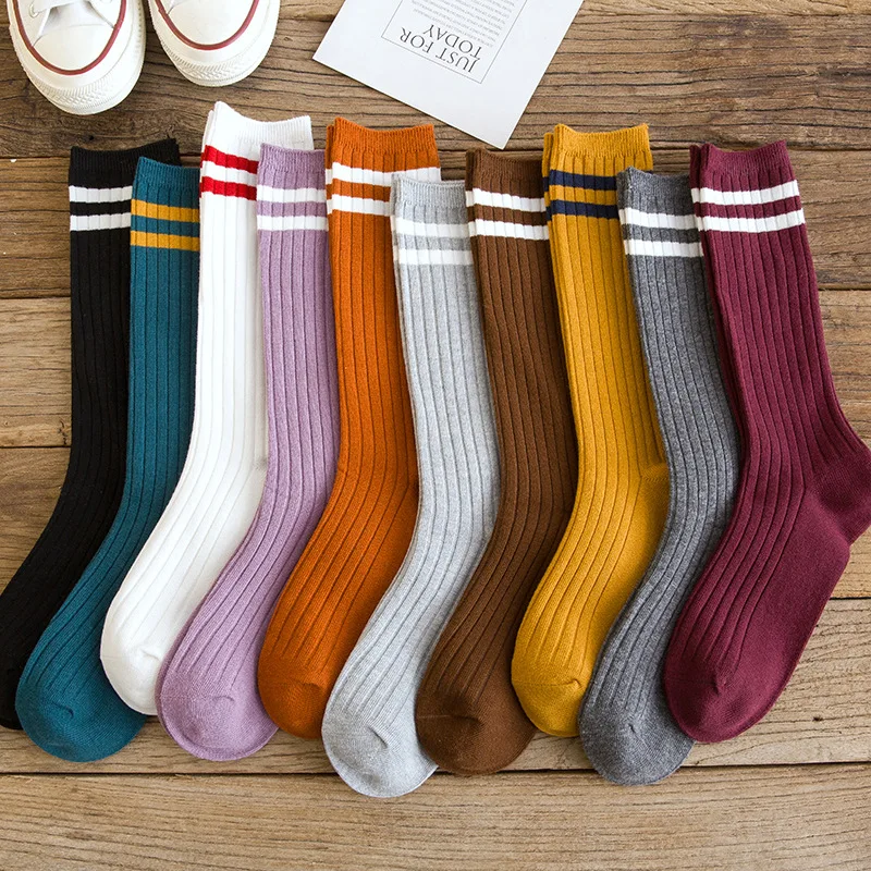 College Style Striped Women Socks Solid Black White Long Sock for Women Japanese Kawaii Cute Harajuku Vintage Streetwear Leg Sox