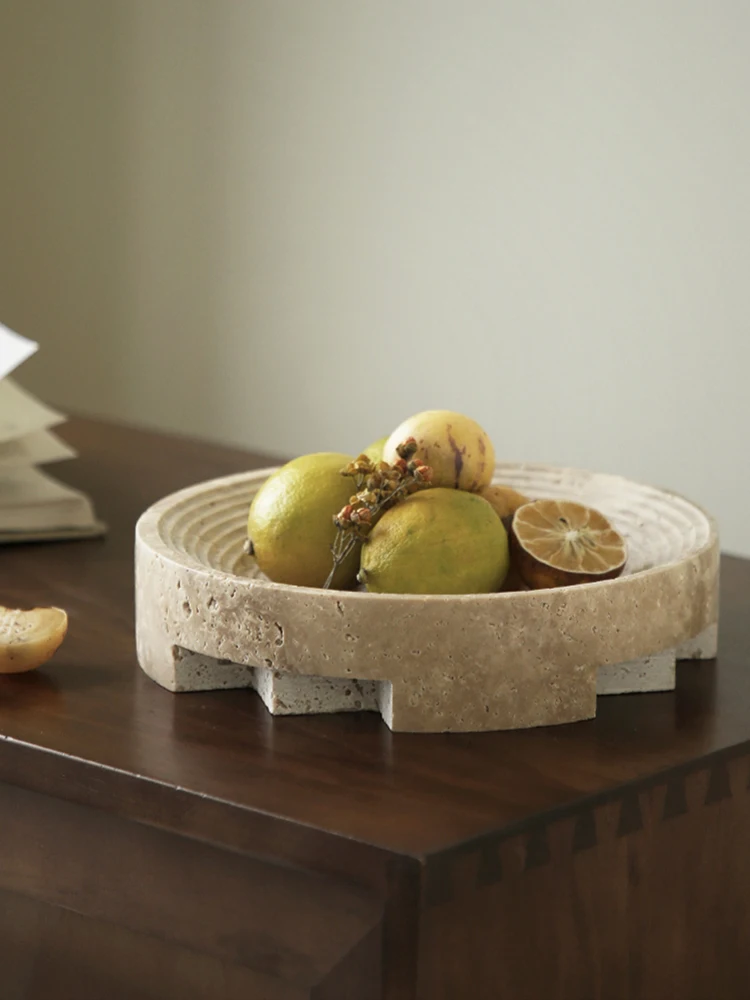 Beige Travertine Stone Tray Storage Container for Salad Bread Vintage Marble Fruit Bowl for Table Decor and Kitchen Counter