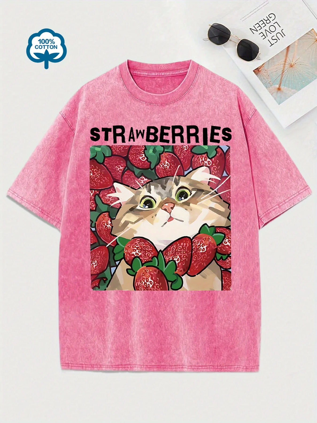 Fashion Women'S Washed Cotton Cute Cat Strawberry Print T-Shirt Vintage Style Short Sleeve Heavy Wash T Shirt Unisex view 4