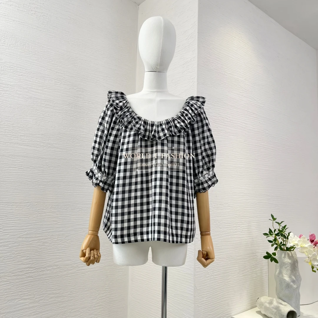 

Black White Checkered Half Sleeve Ruffles Frilled Blouse Tops 2025 New Design