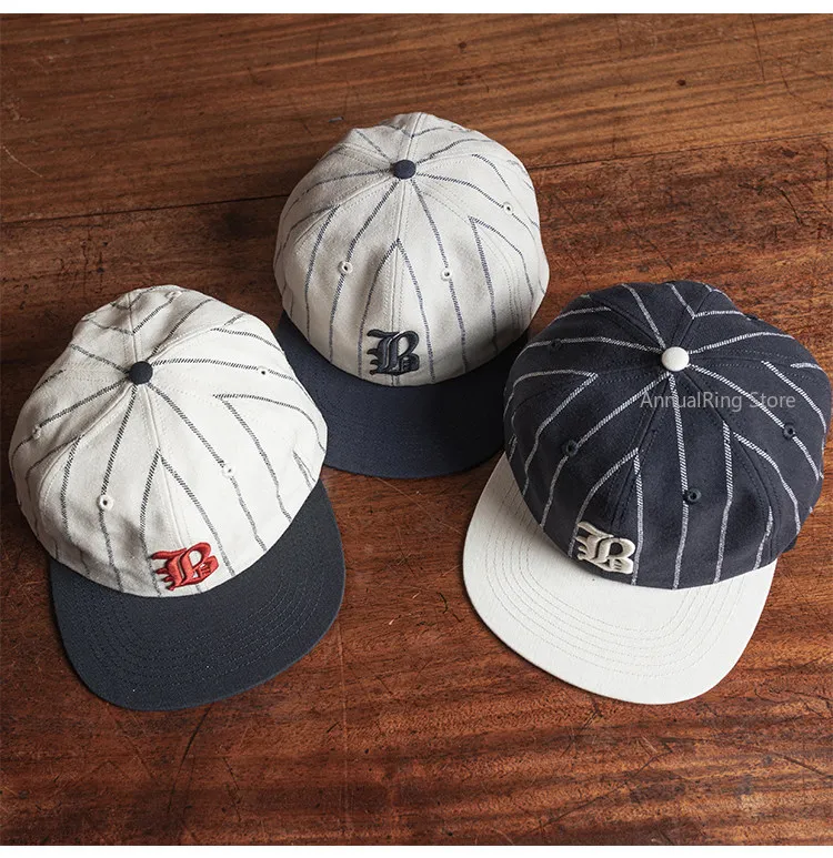 BRONSON Coke Stripe Baseball Cap, American Vintage Short Flat Brim Dad Hat, Adjustable Size Unisex