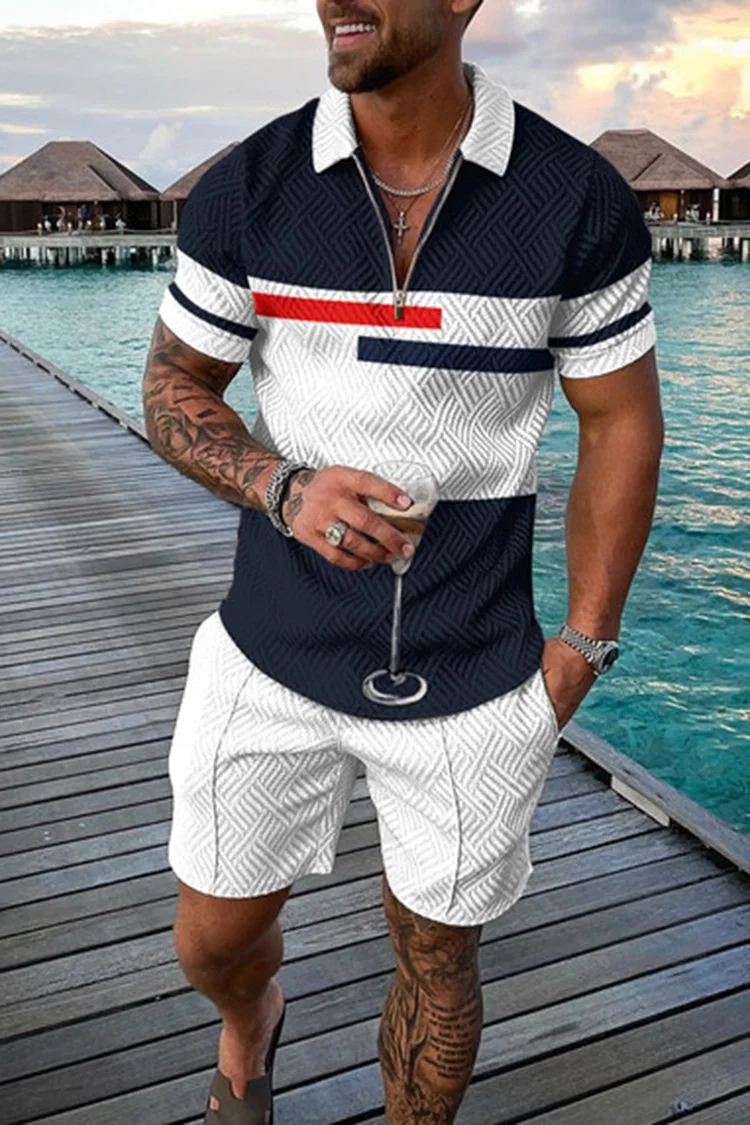 Bohemian geometric style 3D printing men's Polo shirt zipper lapel Polo shirt set zipper collar + shorts 2 pieces Hawaiian holid