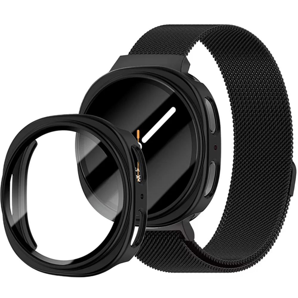 For Samsung Galaxy Watch9 44mm / Watch8 44mm Stainless Steel Milanese Band + PC Watch Case with Tempered Glass Screen Protector
