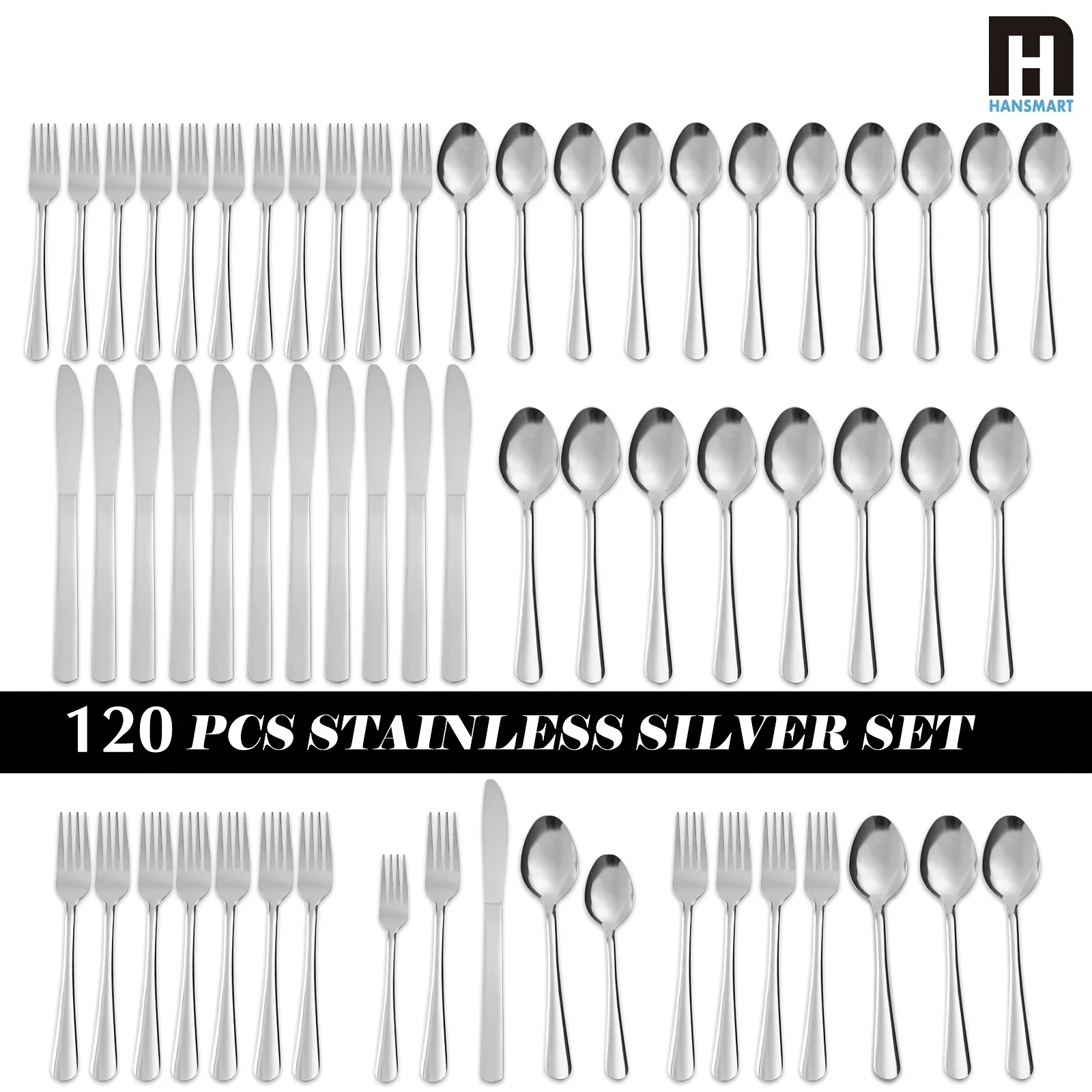 

[Wholesale Christmas Silverware] 120pcs Stainless Steel Cutlery Set, 7.1 Inch Dinner Knives Spoons Teaspoons, Dishwasher Safe Flatware for Home Party Wedding Holiday Catering