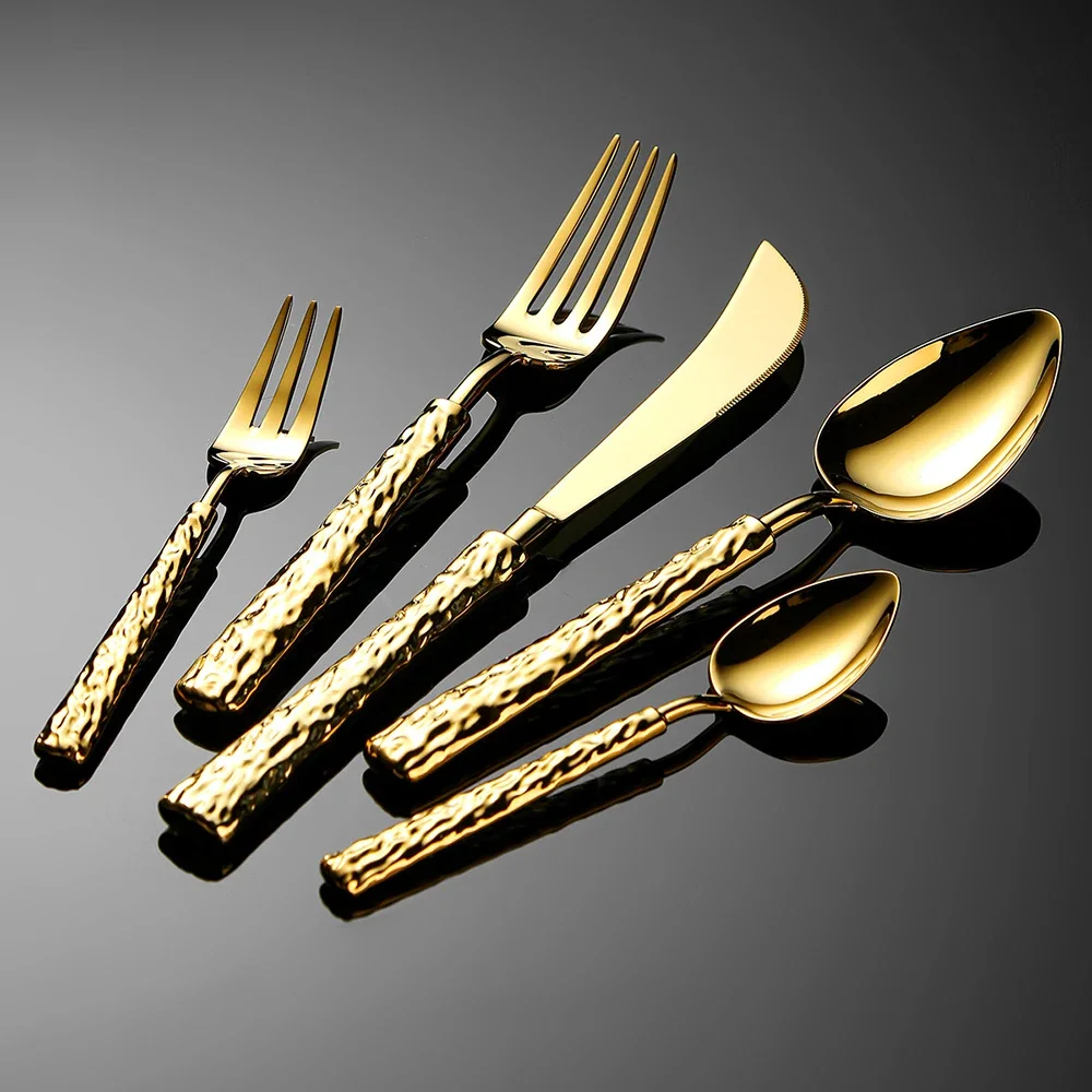 5pcs 304 Stainless Steel Flatware Set Knife Fork Spoon Silver Cutlery Western Mirror Hammer Pattern Tableware Dinnerware Dinner