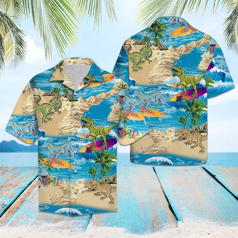 

Fashion Dinosaur Pattern Hawaiian Shirts For Men Summer Trendy Short Sleeve 3D Printed Lapel Blouses Casual Oversized Shirt