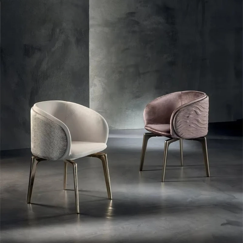 Luxury Beige Fabric Dining Chair Curved Back Ergonomic Thick Padded Seat Family Restaurant Cafe Learning Modern Metal Legs
