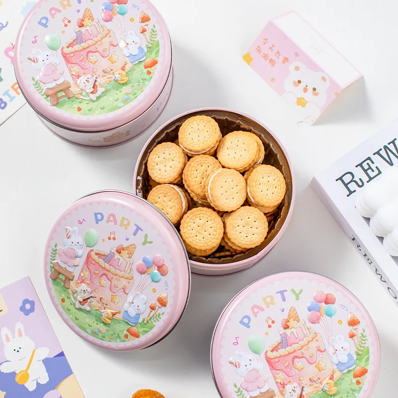 Cartoon Cake Party Pattern Storage Tin Box for Candy Wedding Gift Box Round Empty Metal Cookie Organizer Container Home Decor