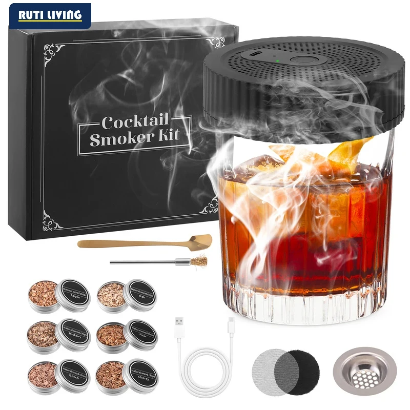 Whiskey Cocktail Smoke Infuser Electric Champagne Smoke Kit with 6 Wood Chips Rechargeable Customized Gift