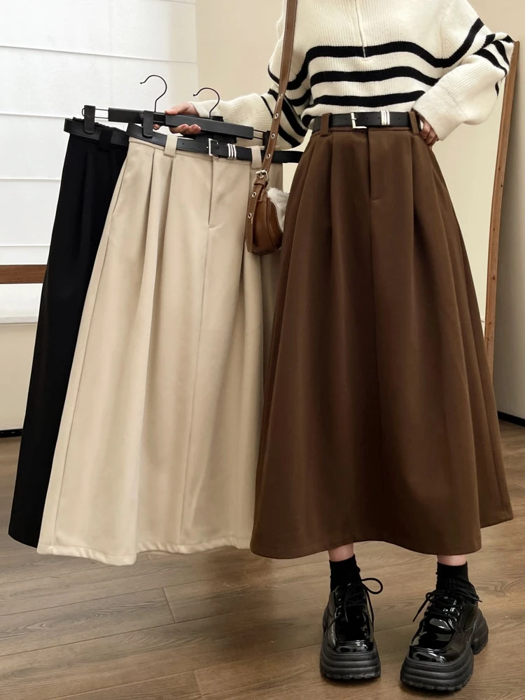 Qiukichonson Thick Mid Long Skirts Womens Woolen Skirt 2025 Autumn Winter Vintage High Waist Ruffle Pleated Skirts With Belt