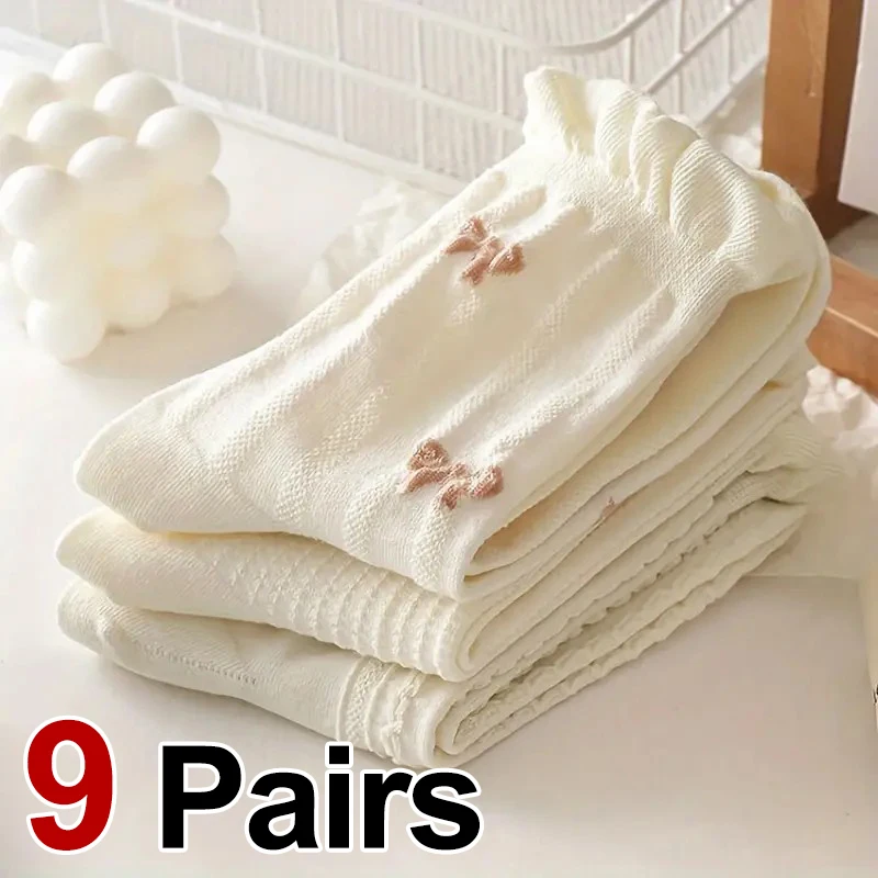 

9 Pairs Women White Lolita Floral Edge Mid Tube Socks Fashionable Cute Sweet Style Soft Comfortable All Season Casual Socks ﻿