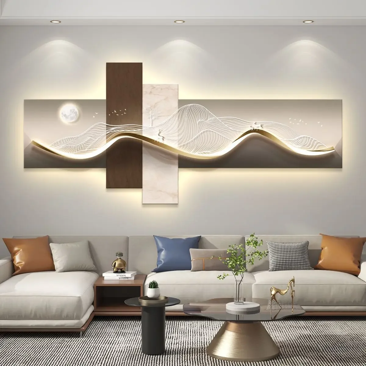 Abstract mountain and sea sofa background wall painting light with light ambience luminous hanging picture high-grade LED lights