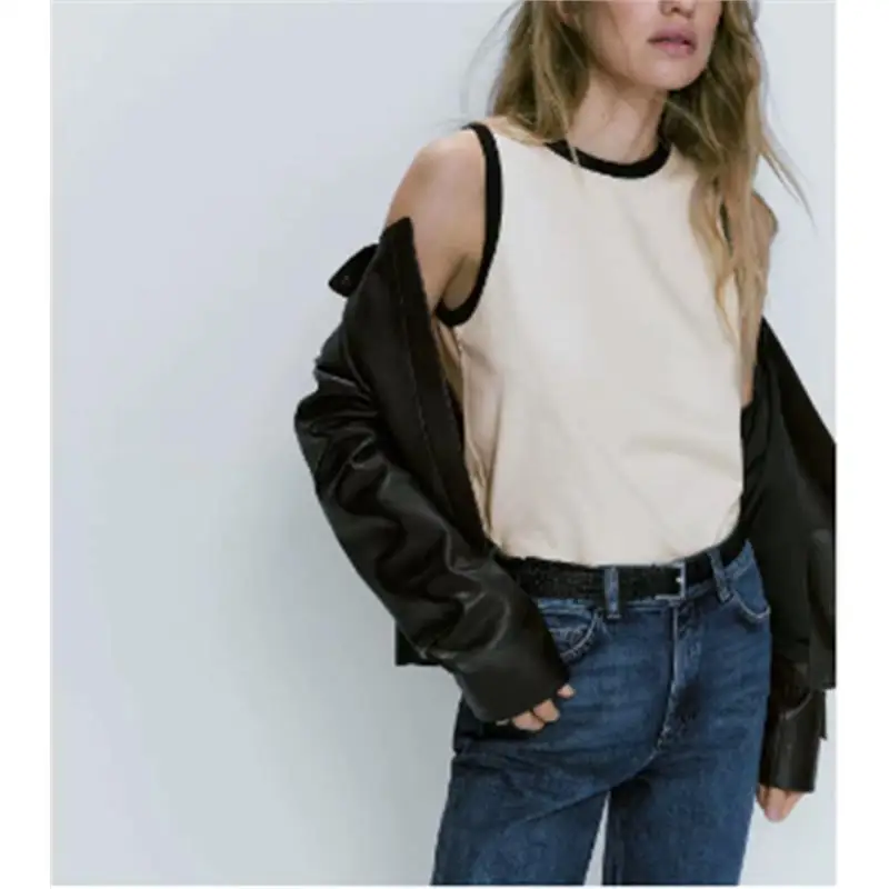 

Casual round Ne Svel Splice Vest T-irt Base Layer Summer New Sle Versatile All-match Color Blo Bal Top