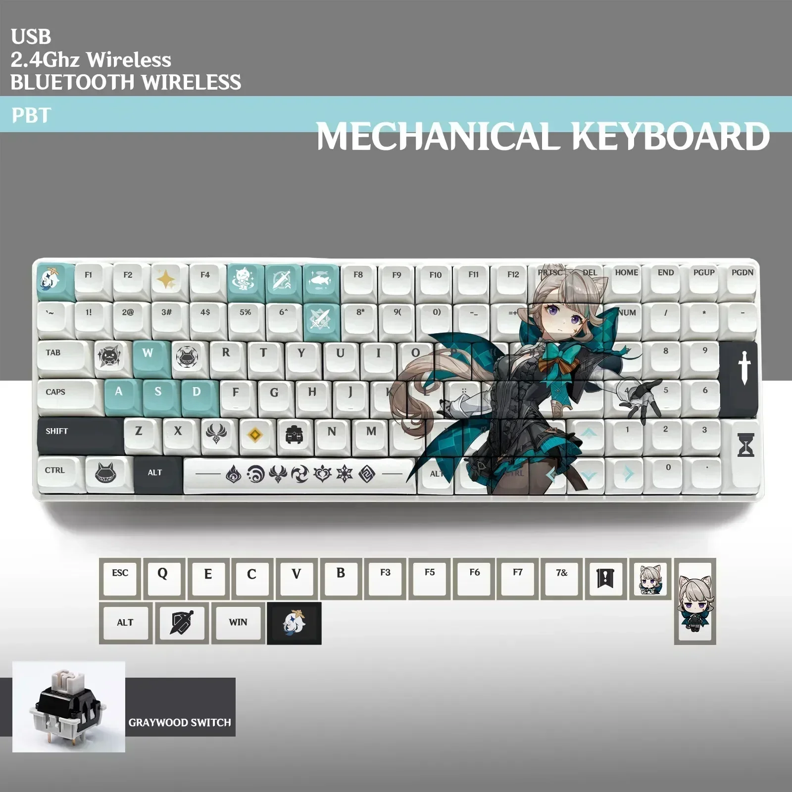 Genshin Impact Furina Wriothesley Mechanical Keyboard with Dye-sublimation 100 Keys PBT Plastic Keycaps