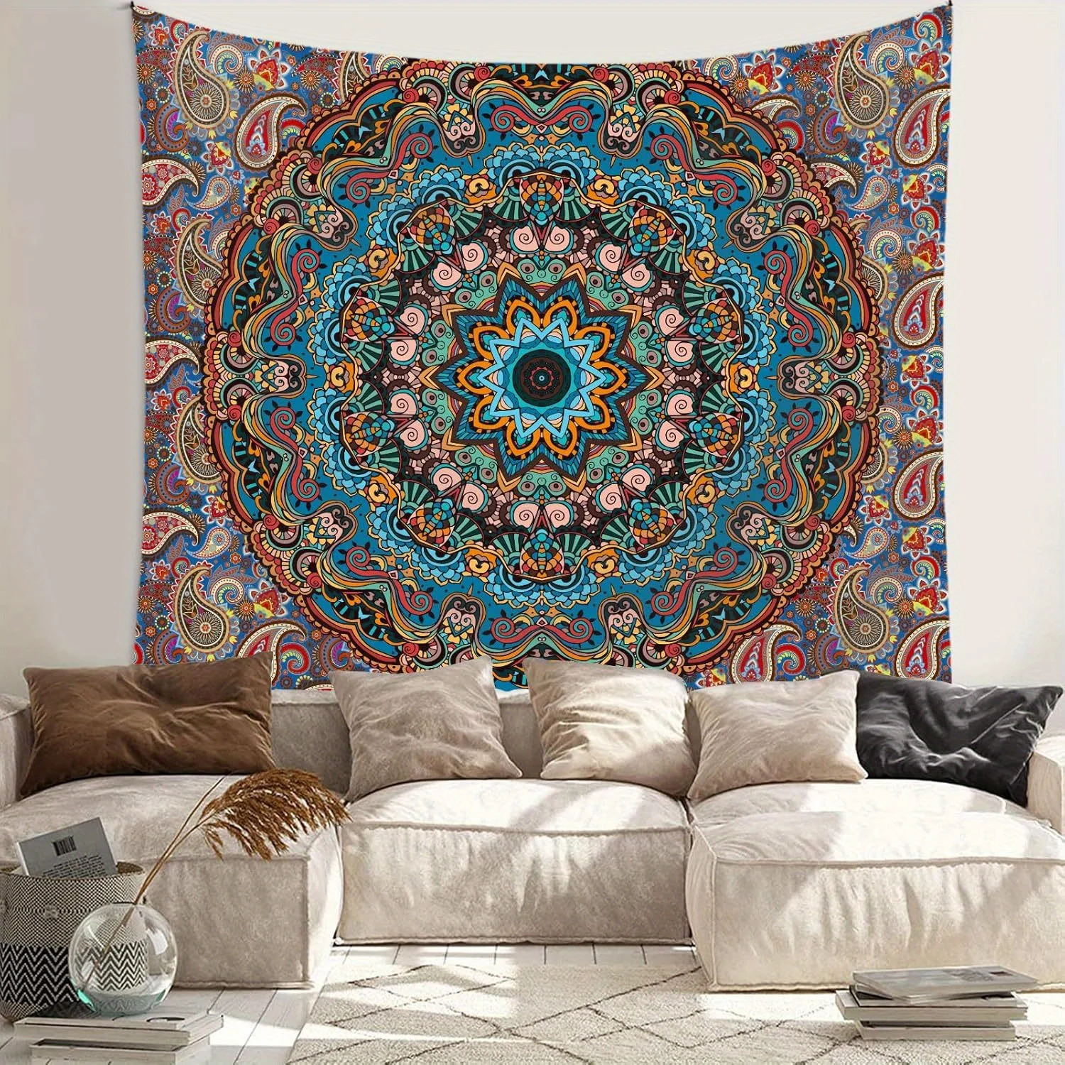 

1 шт. зеленый гобелен с мандалой, настенный гобелен-богемный ретро психоделический индийский хиппи, настенное искусство, яркий многоцветный сложный дизайн