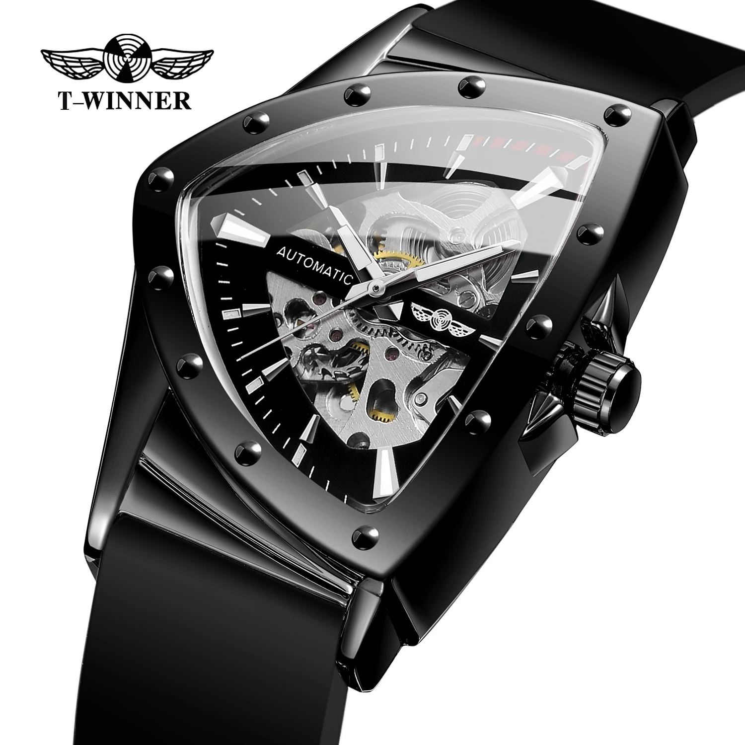 T-WINNER Casual Sport Men's Watches Skeleton Automatical Mechanical Triangle Silicone Strap Hollow Wristwatch Racing Gifts Clock