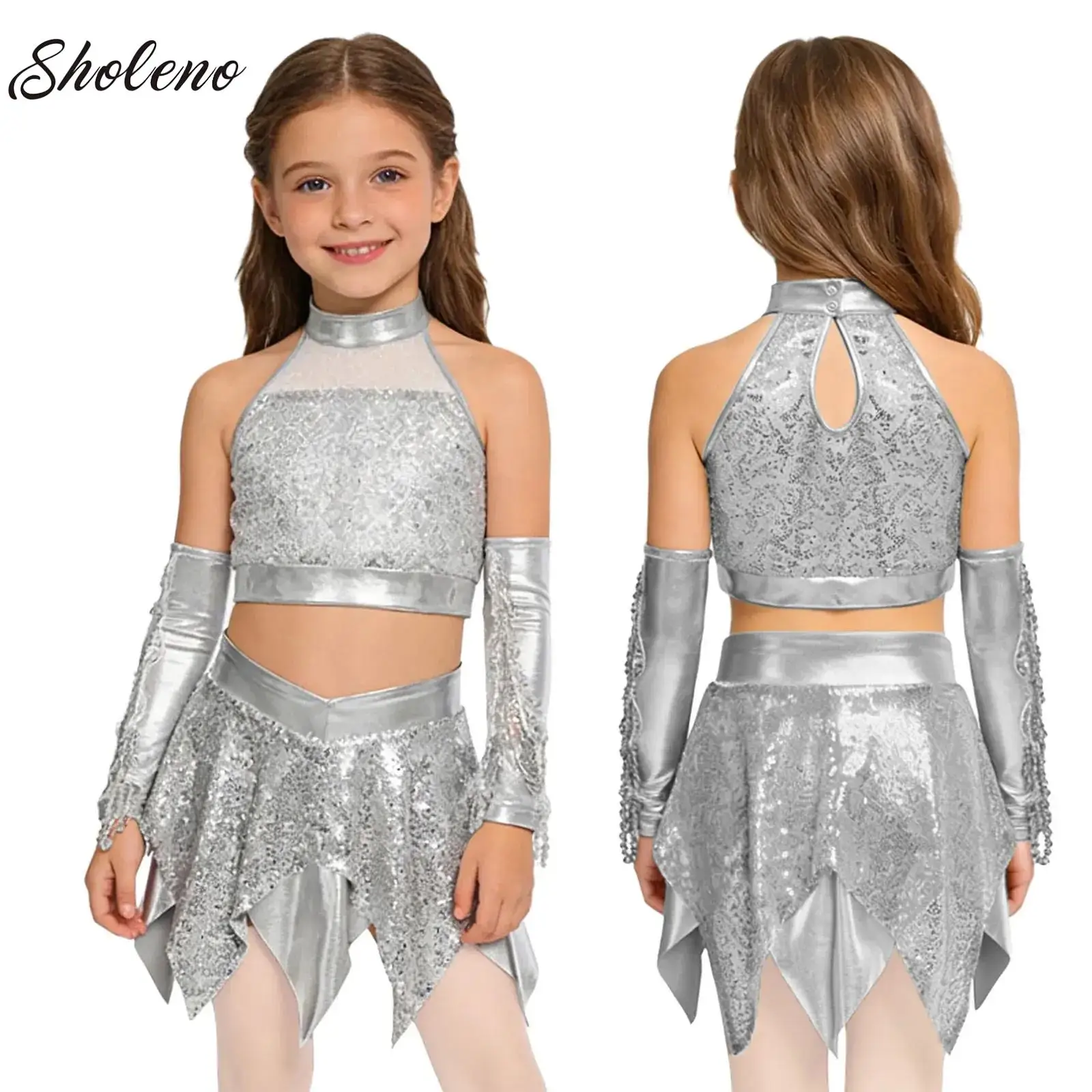 

Костюм для выступлений: топ-халтер с пайетками, шорты и перчатки с бахромой для латиноамериканских танцев, джаза, ча-ча, самбы