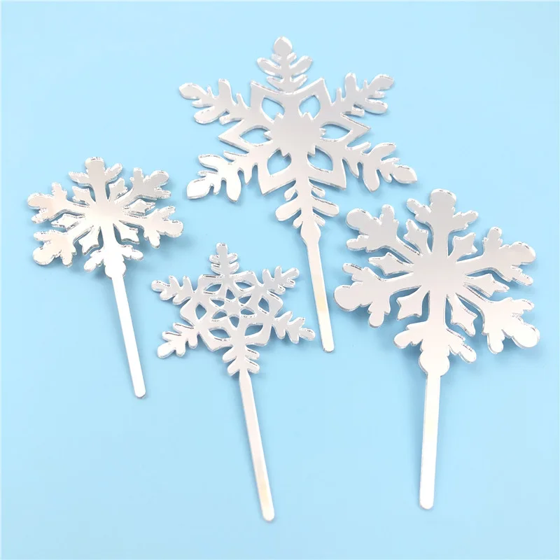 4pcs Ice And Snow Theme Merry Christmas Party Cake Topper White Snowflake Acrylic Happy Birthday Cake Top Christmas Party Decor