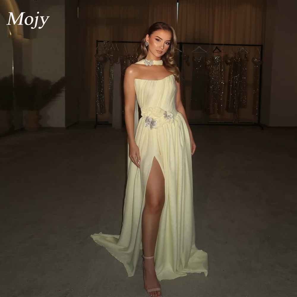 Mojy Customized Yellow Chiffon A Line Evening Dress For Wedding Party Strapless Sexy Slit Formal Prom Dress Dubai Party Gown