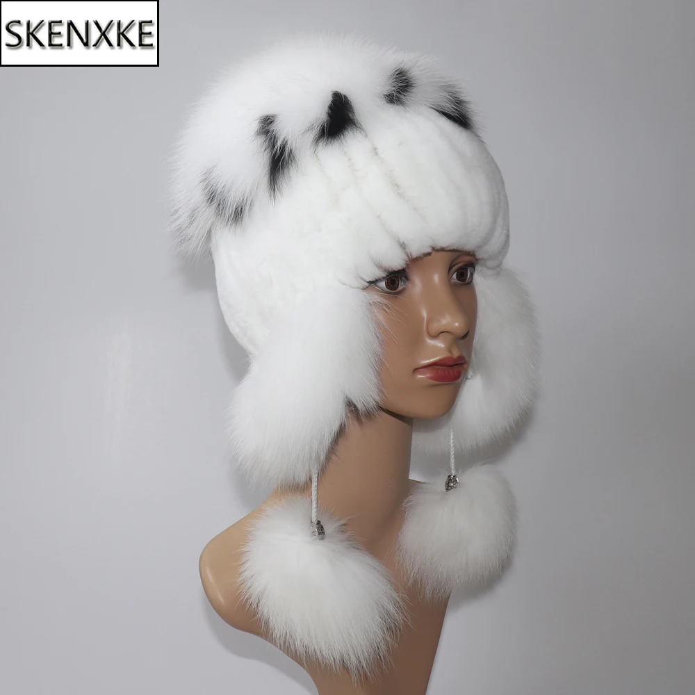 

Elastic Knitted Rex Rabbit Fur Beanies Handmade Real Fur Hat with Fox Fur Ears Genuine Fur Snow Cap Bonnets for Women Designer