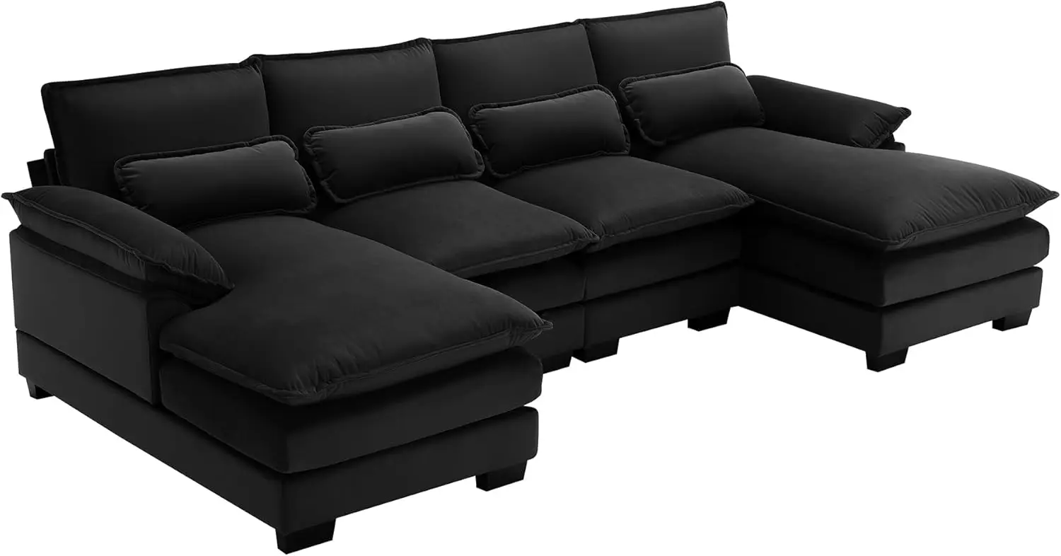 U-Shaped Furniture Couch with Waist Pillows, 6 Seat Large Upholstered Sectional Sofa w/ Chaise Lounge, Fabric Sleeper Sofa Couch