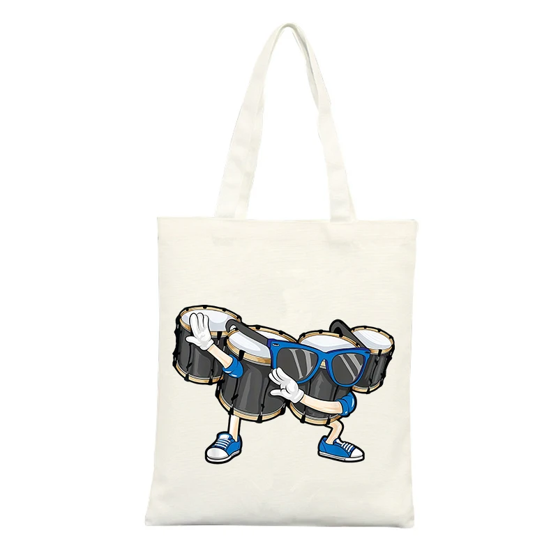 Canvas Tote Bag with Drum Graphic and Sunglasses Design, Casual Style for Daily Use and Music Events