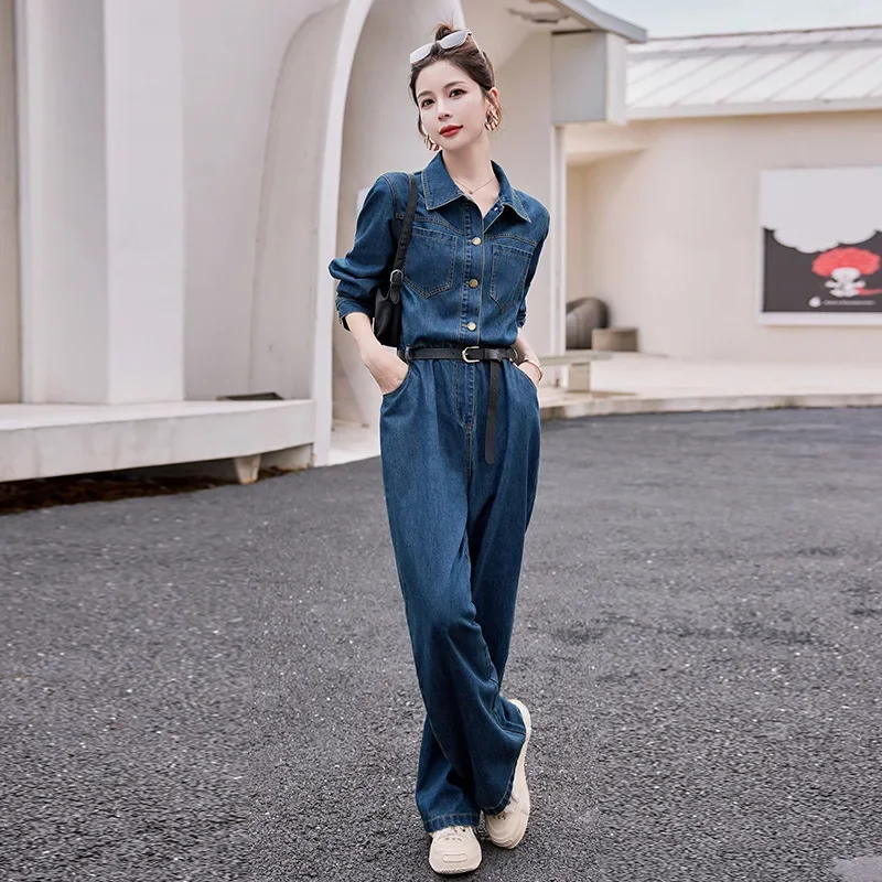 Women Denim Jumpsuits Autumn One-piece Pants Jeans Casual Waist Slimming Wide Leg Pants High Waist Belt Loose Pocket Long Sleeve