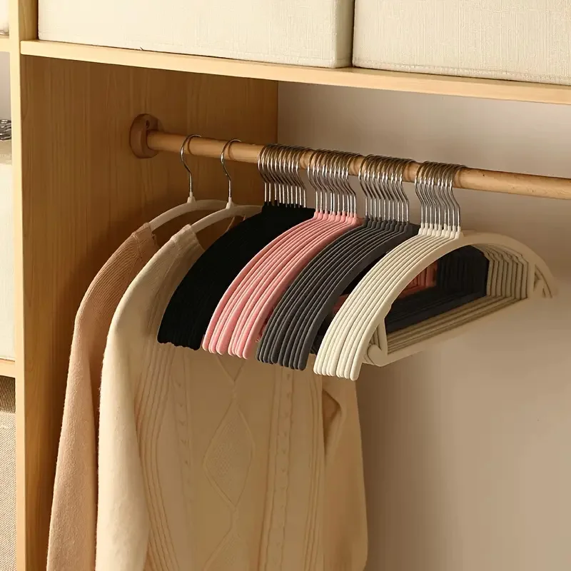 10pcs Semi-circular Flocking Hanger Curved Non-slip Shoulder Not Bulging Hanger Storage Hanger Closet Space