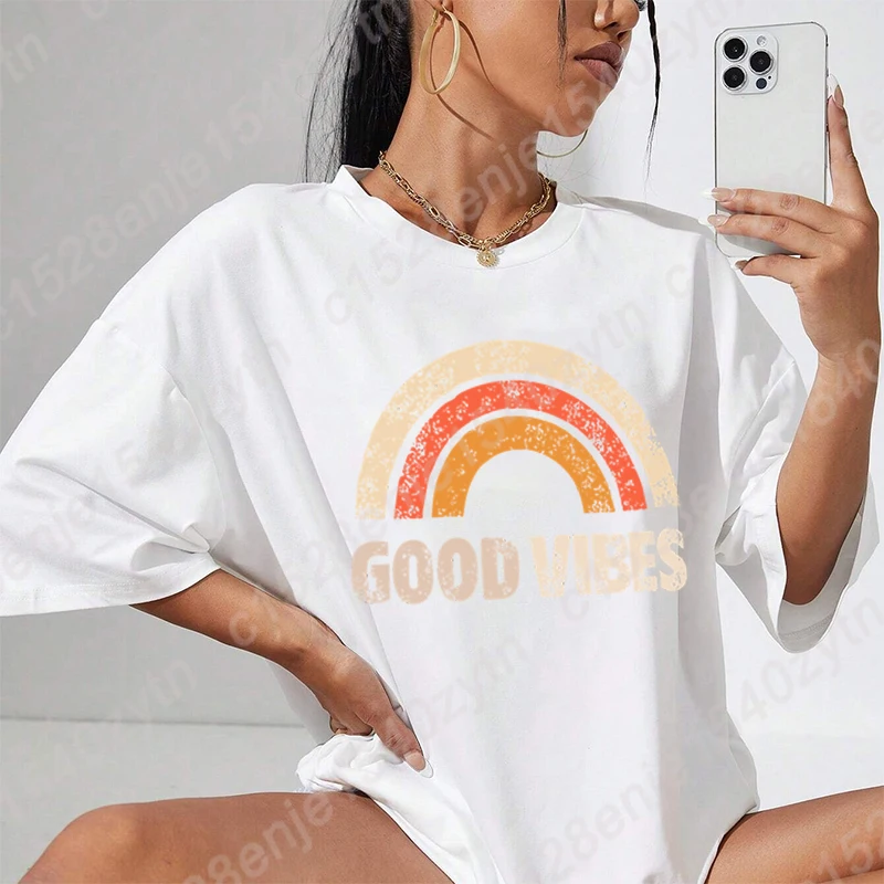 Rainbow & Good Vibes Graphic T-shirt, Women Oversized Short Sleeve T Shirt, Summer Soft Round Neck Tee Shirt Tops