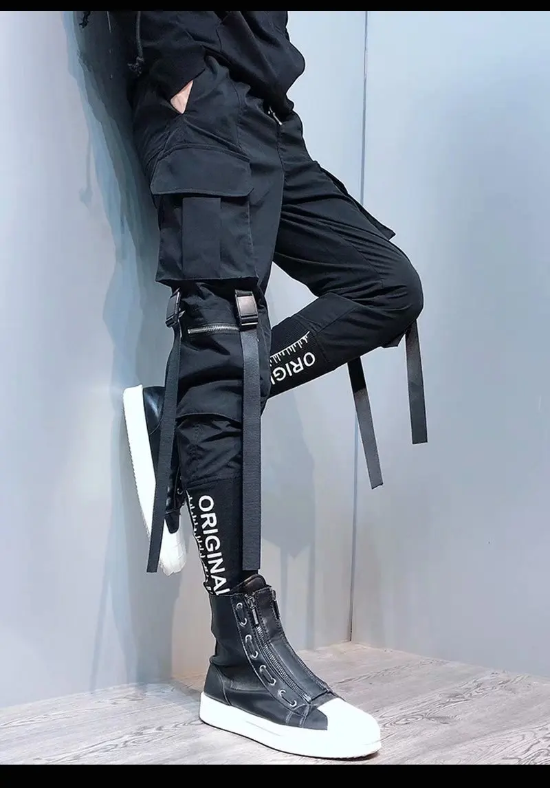 Classic Streetwear Hip Hop Joggers Men Letter Ribbons Cargo Pants Pockets Track Tactical Casual Male Trousers Sweatpant K110