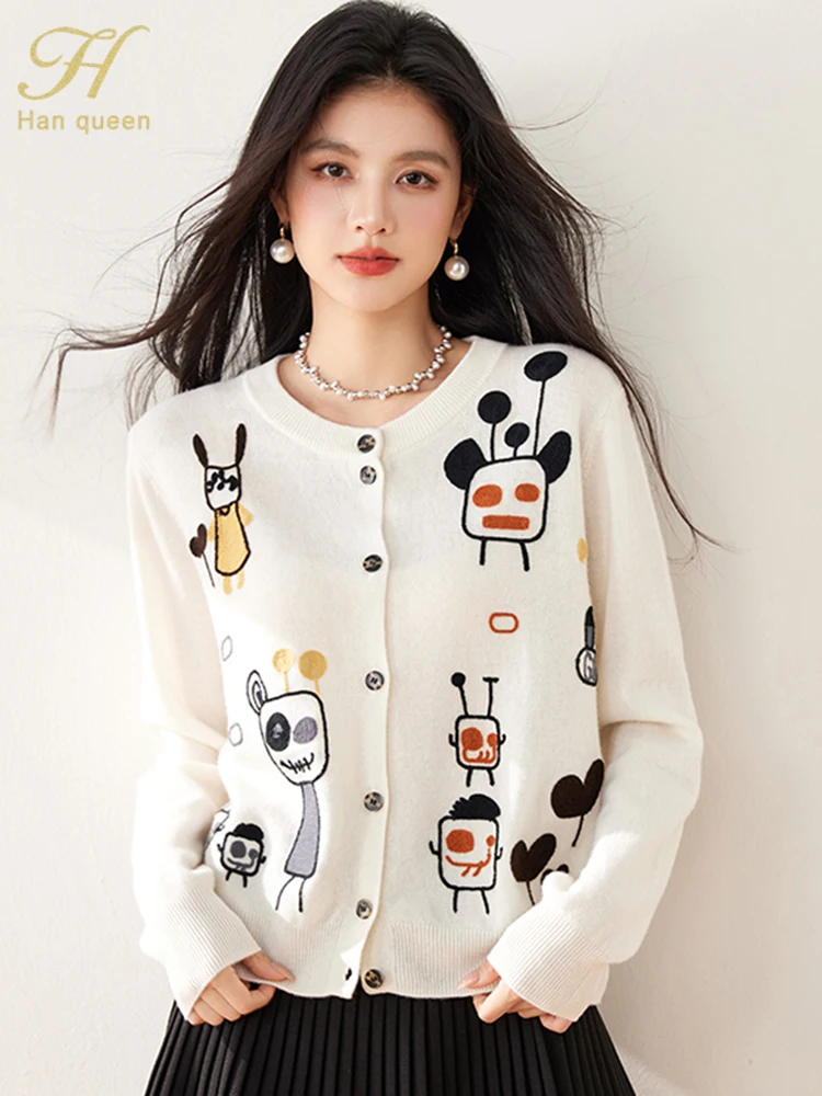 

H Han Queen Autumn Cardigan Sweaters New Cartoon Print Chic O-Neck Knitted Cardigans Sweater for Women Casual Basic Top