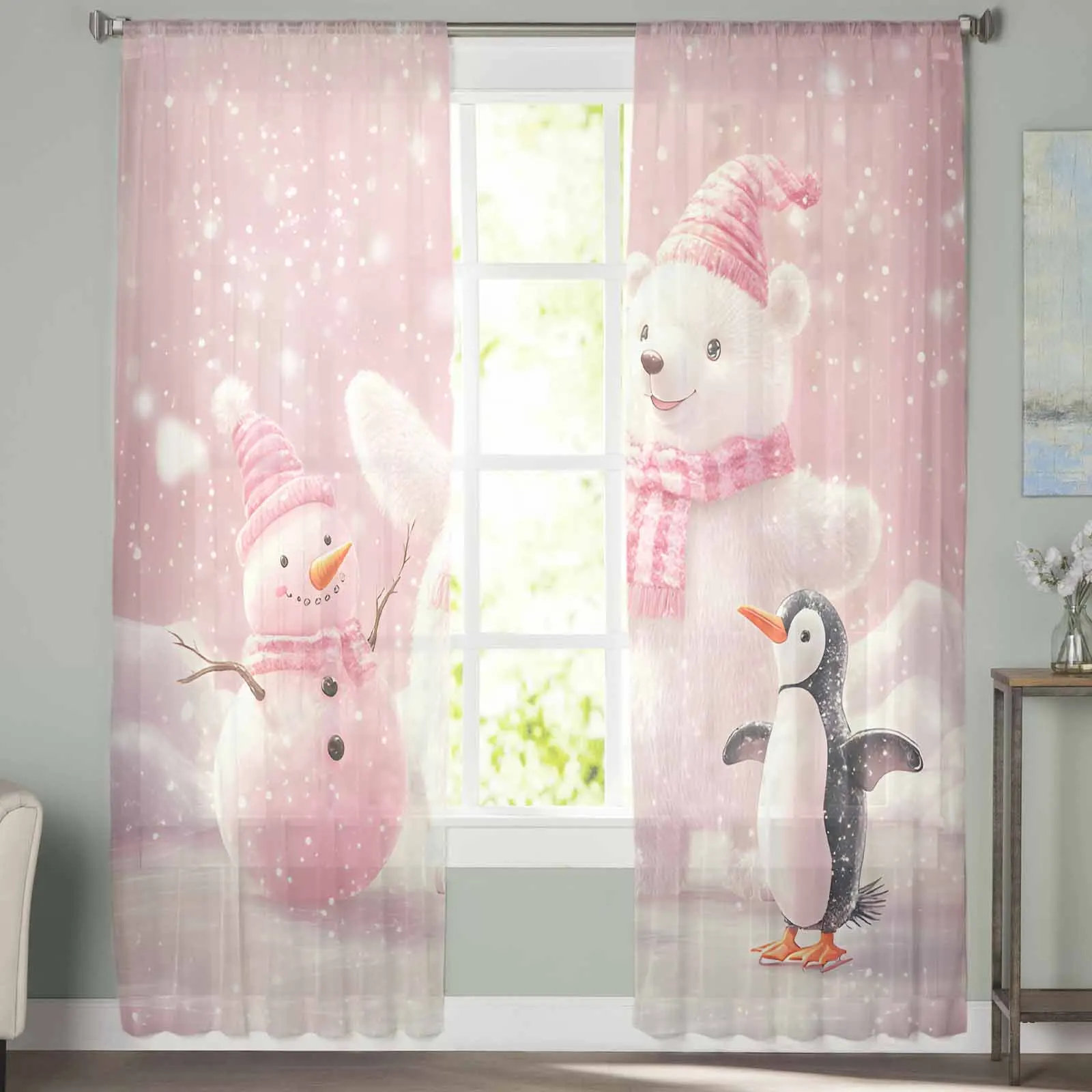 Pink White Bear And Penguin Snowman  Sheer Curtains for Living Room Bedroom Home Hotel Decor Chiffon Tulle Curtains