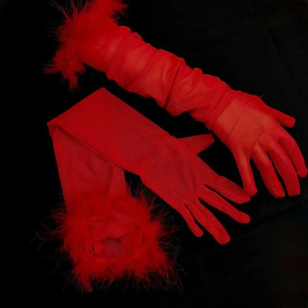 Romantic Silk Feather Gloves Transparent Mesh Long Gloves Solid Color Thin Mesh Mittens Opera Performance