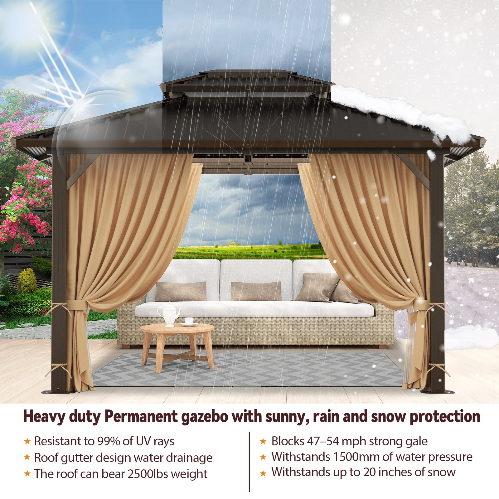 10x12 Hardtop Gazebo, Heavy Duty Galvanized Steel Double Roof Metal Gazebo with Netting and Curtains, Permanent Outdoor Pavilion Pergola for Backyard, Patio, Garden and Lawn, Flame-Resistant Cabana Shelter, Black view 5