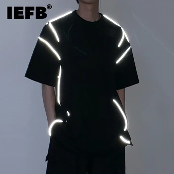 IEFB Men's T-shirt Wear Reflective Short-sleeved Fashion Cotton Clothes Black White Loose Fit Tops Round Neck 9Y2228