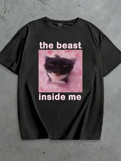 عارضة الأسود القط القلب طباعة تي شيرت أسود أبيض قاعدة اللون الأسود القط وجه غريب الوردي النص العصرية مضحك أعلى #2