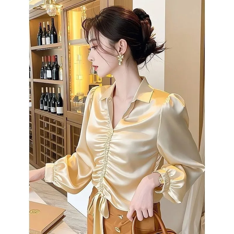 Chemises à manches longues et col Polo pour femme, simplicité coréenne, couleur unie, mode