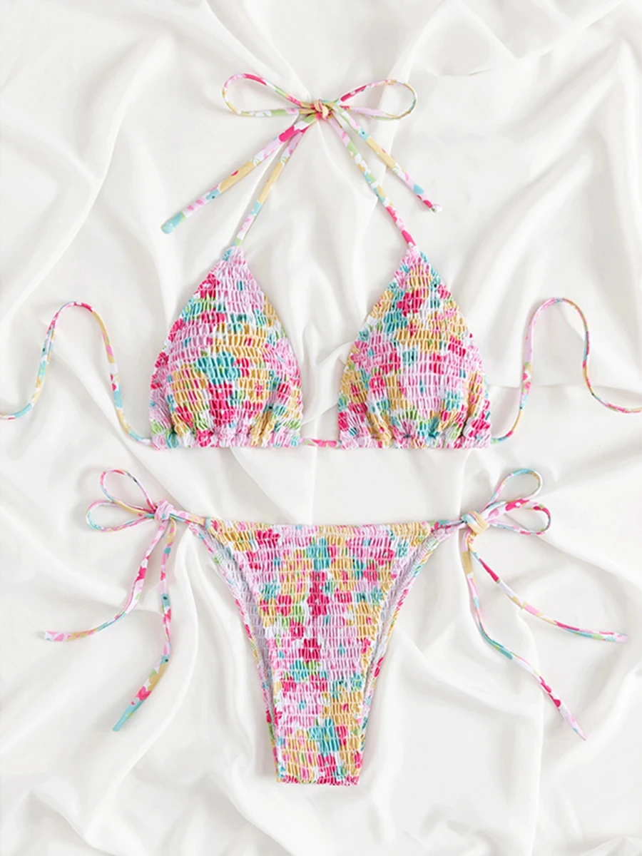 Sexy Bandage Badeanzug mit niedriger Taille Blumen druck Bikini Plissee Bade bekleidung weibliche brasilia nische Badeanzug Schwimmbad Strand kleidung