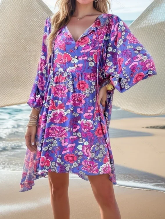 Elegancka sukienka mini z długim rękawem, plisowana, z kwiatowym wzorem, dekoltem w serek, sznurowana, w kształcie litery A, na wiosnę, codzienna, z wysokim stanem, idealna na wakacje.