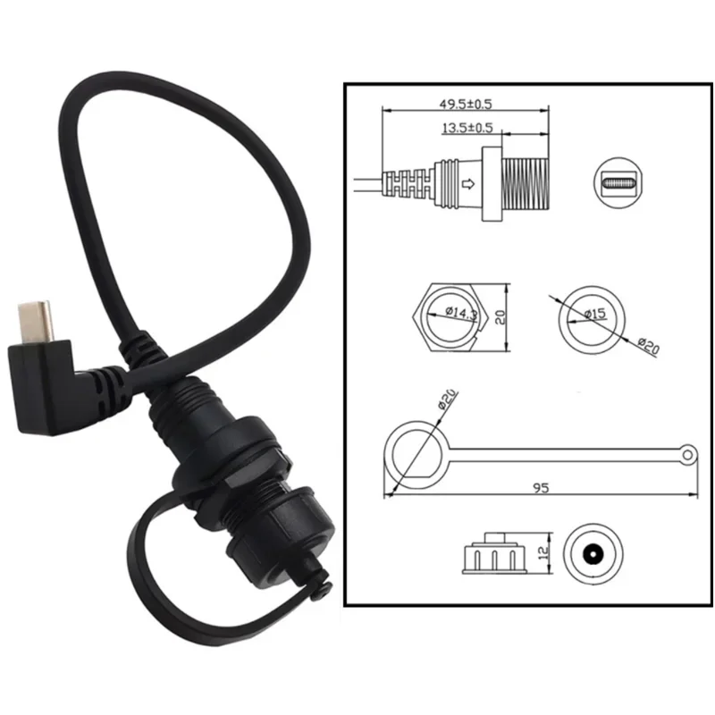 USB-C 90 degree male to female IP67 waterproof cable type c 3.1 car ship dashboard panel mount connector extension cable