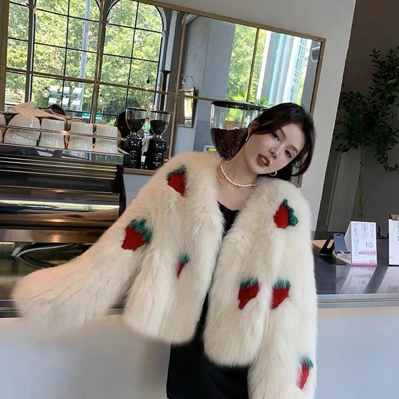

Temperament Strawberry Cherry Lovely Sweetheart 2023 New Winter Hair Weaving Fur Coat For Women And Flimsy Youth Versatile
