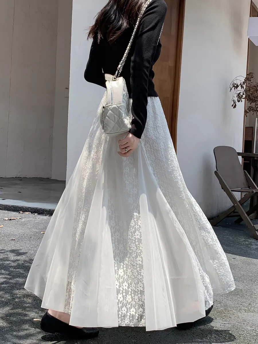 

Тюлевые кружевные юбки-миди для женщин во французском стиле с высокой талией, осенняя юбка трапециевидной формы с сказочным подолом, эфирным развеванием и движением