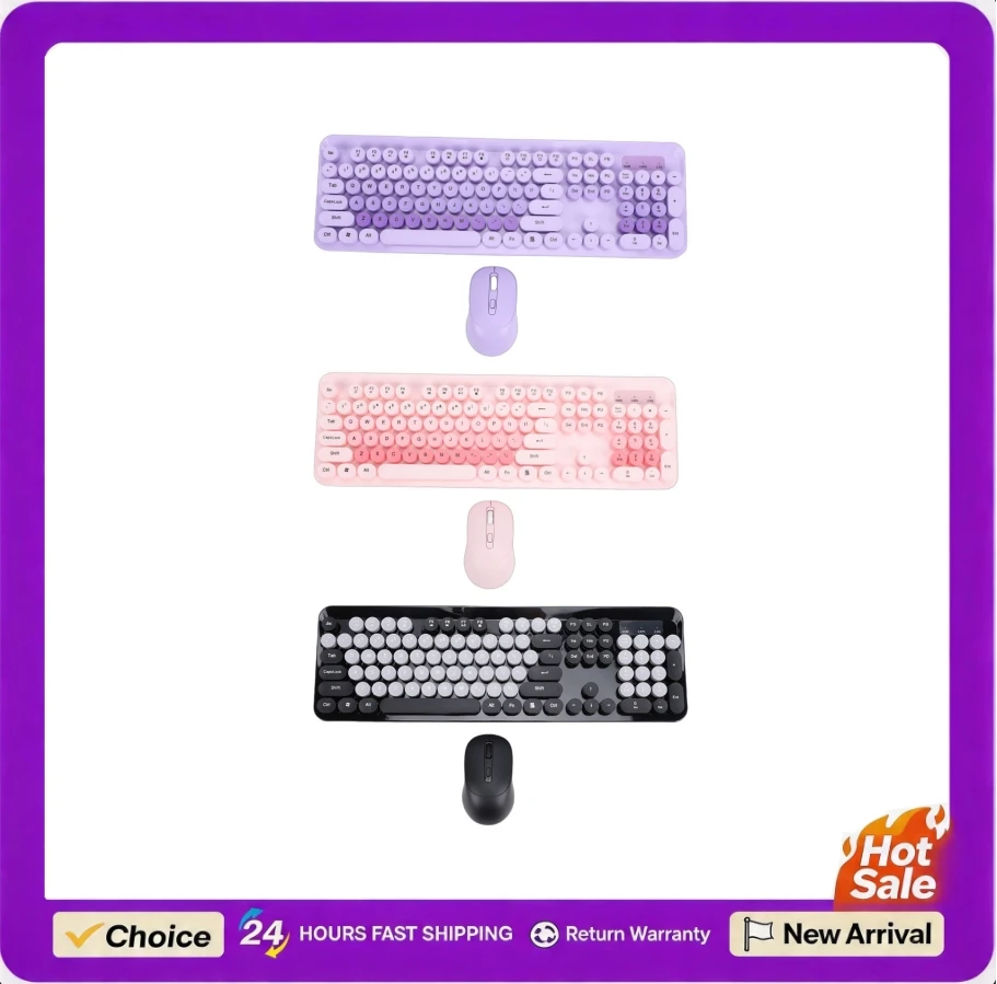 104 Keys Wireless Cute Keyboard and Mouse Set for PC Laptop Typewriter Style Retro Round Keycap Keyboard 800/1200/1600 DPI Mouse