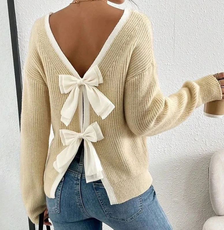 

Новый свитер, женский модный пуловер с бантом на спине, вязаный свитер с круглым вырезом