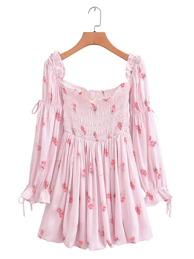 Women's Long Sleeve Dress Chest Elastic Corset Sleeves With Bow Ties Sweet Ladies Dresses Pink Printed Miniskirt