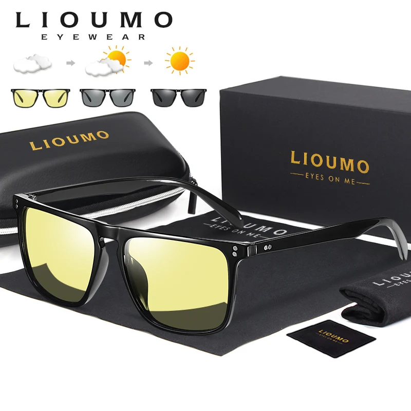 LIOUMO Rivet Square Photochromic Sunglasses Men Polarized Chameleon Glasses Women Classic Driving Goggle Anti-Glare gafas de sol