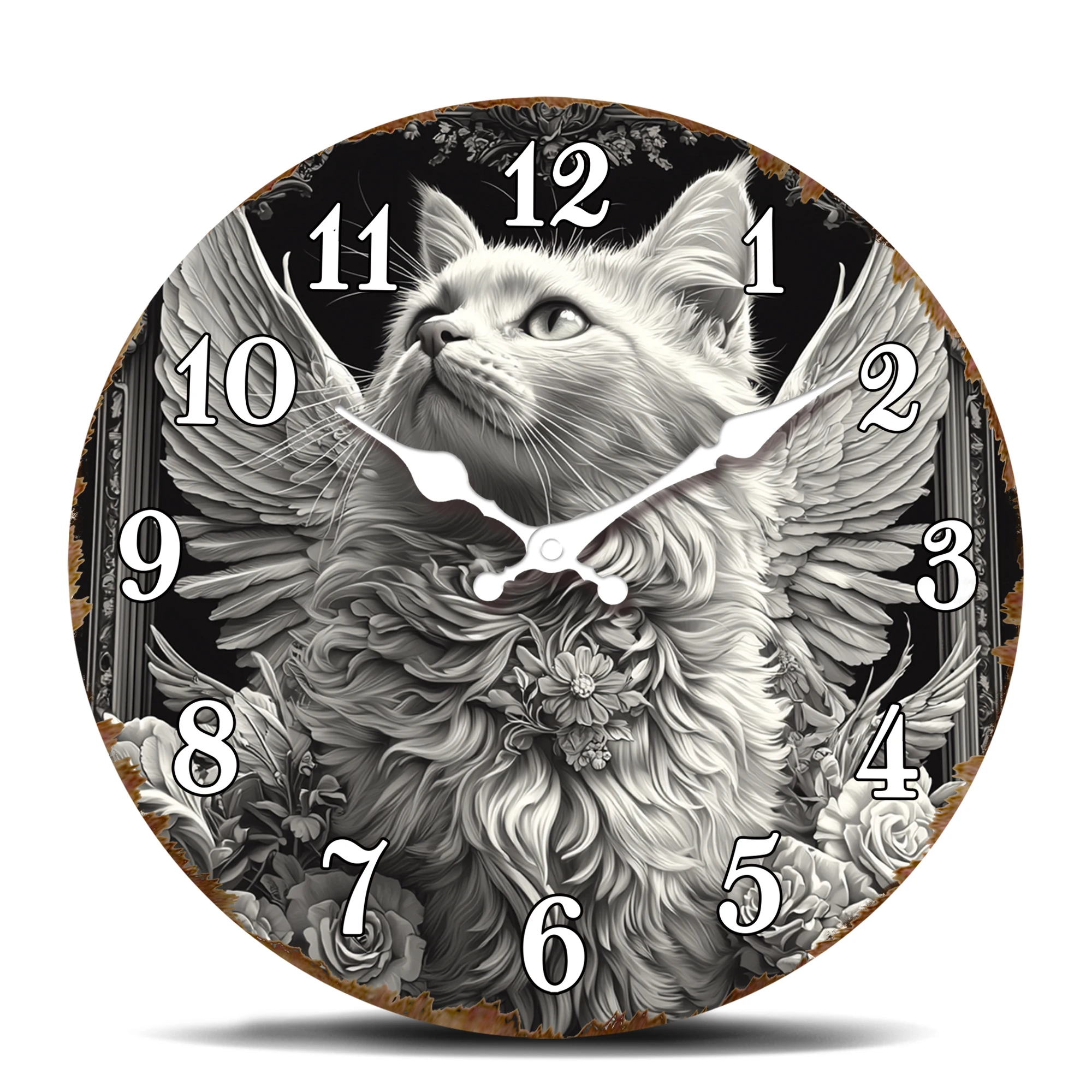 Engelkatze mit Flügeln Wanduhr, Monochrome Vintage Runde Dekorative Uhr, Geräuschlose Wanduhr für Katzenliebhaber Wohndekor