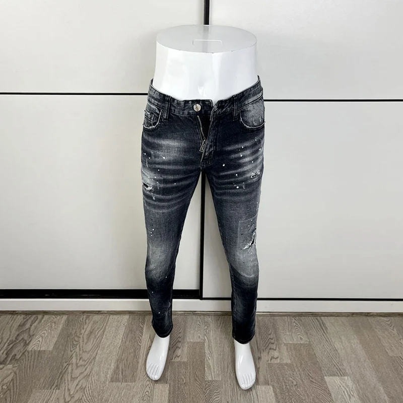 Street Fashion Mannen Jeans Hoge Kwaliteit Retro Zwart Stretch Slanke Gescheurde Jeans Heren Geschilderde Designer Merk Vintage Denim Broek